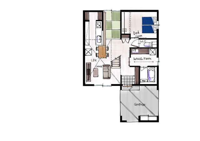 【新築完成見学会】ガレージがある1.5階建ての家の間取り画像