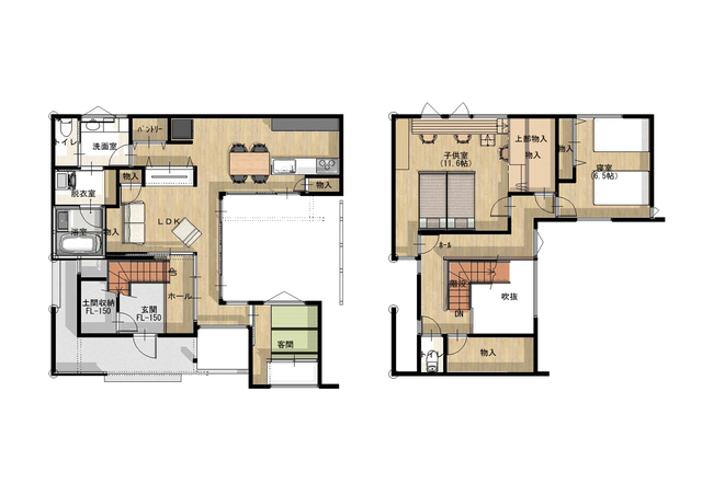 LDKのどこからでも子どもたちの笑顔が見れる。35坪の中庭のあるお家見学会の間取り画像