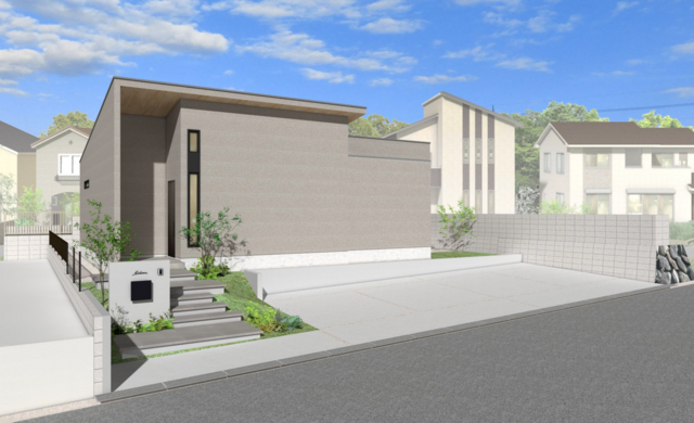 中庭と勾配天井リビングのある ナチュラルモダンな平屋のメイン画像