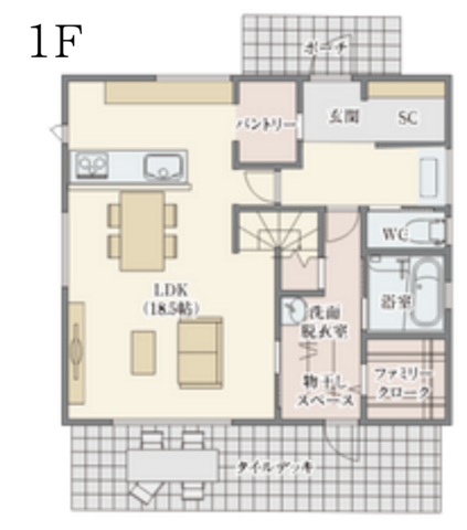 タイルデッキと動線で叶える、贅沢で快適なお家の間取り画像