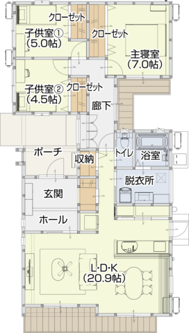 【津山市小原】中庭のある平屋　個室とLDKを分けプライバシーに配慮した間取り　モデルハウス見学の間取り画像