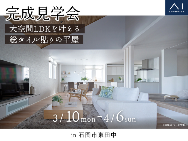 《石岡市東田中》大空間LDKを叶える総タイル貼りの平屋　完成見学会のメイン画像