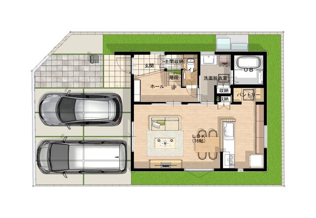 《松山市余戸南》①号地『車並列可　適材適所収納のいえ』の間取り画像