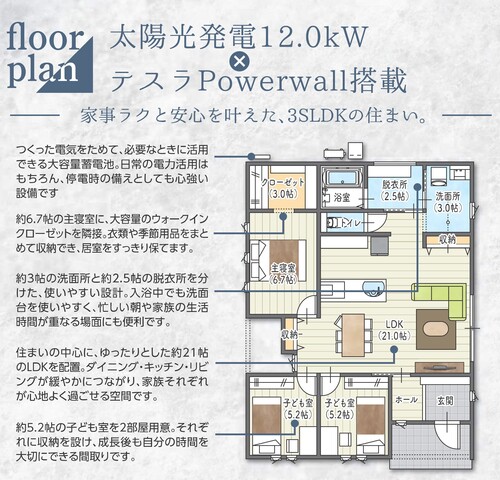電気をつくって、ためて、賢く暮らす。　自家発電する平屋　完成見学会の間取り画像