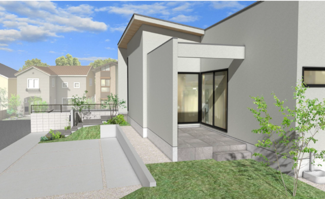 中庭と勾配天井リビングのある ナチュラルモダンな平屋のメイン画像